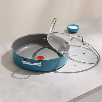 T-fal Inspire teal blue ceramic nonstick 5 quart jumbo cooker with glass lid