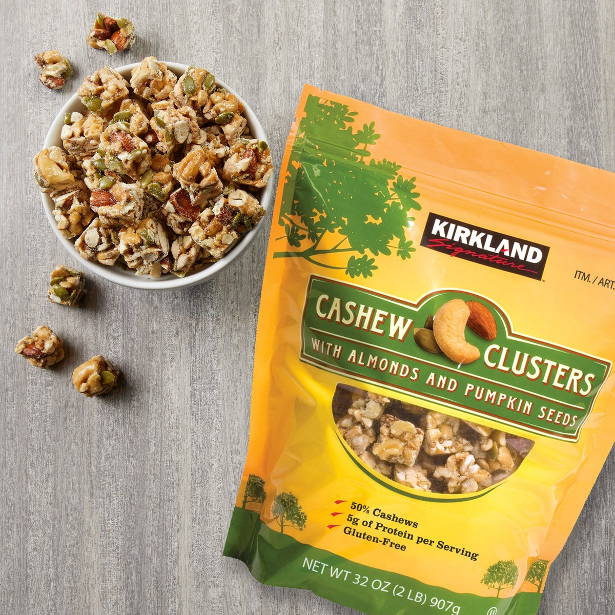 2 lb bag of cashew clusters on white background