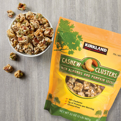 2 lb bag of cashew clusters on white background