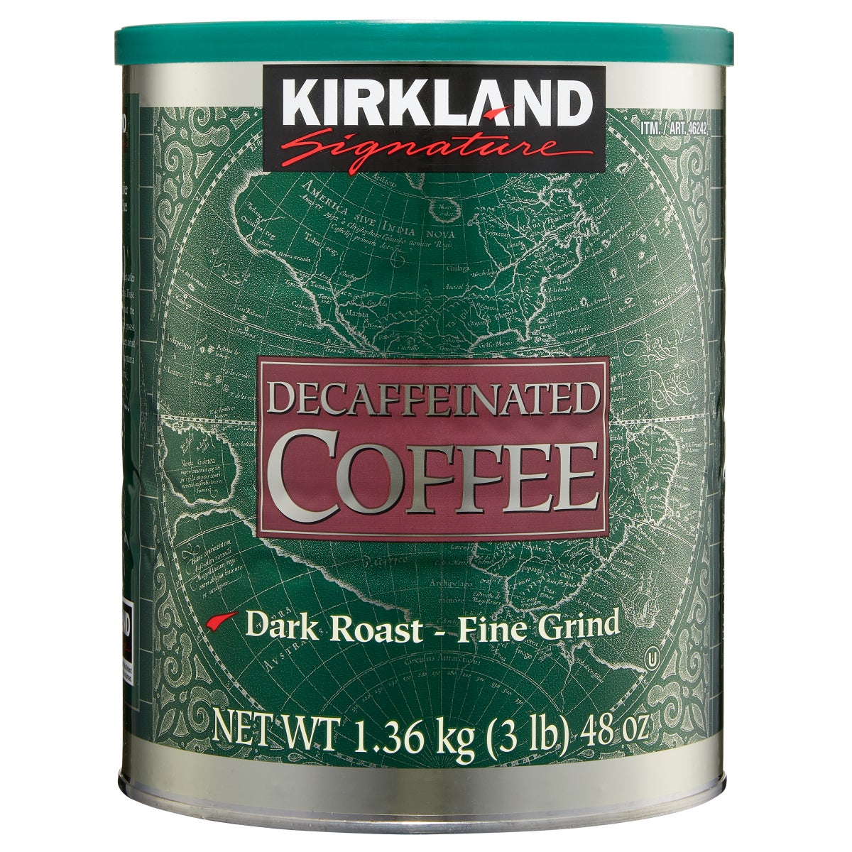 Kirkland Signature decaffeinated dark roast coffee canister