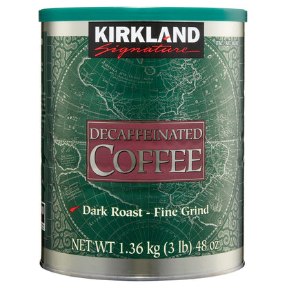 Kirkland Signature decaffeinated dark roast coffee canister