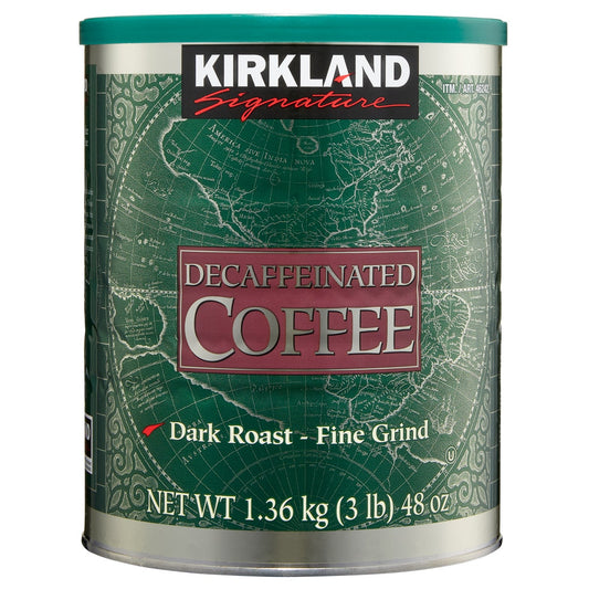 Kirkland Signature decaffeinated dark roast coffee canister