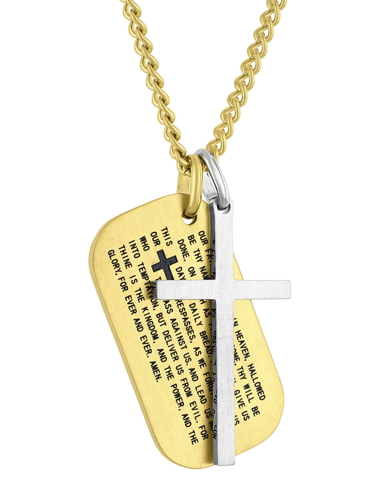 Stainless steel prayer dog tag paired with a silver-tone cross