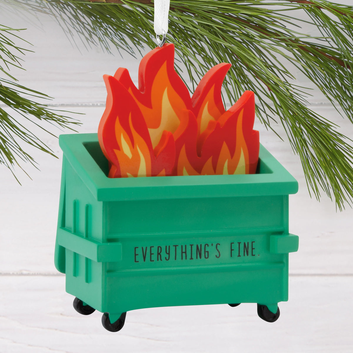 Humorous Hallmark dumpster fire ornament