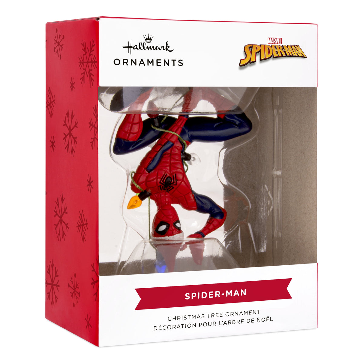 Hallmark Marvel ornament with Spider-Man hanging upside down