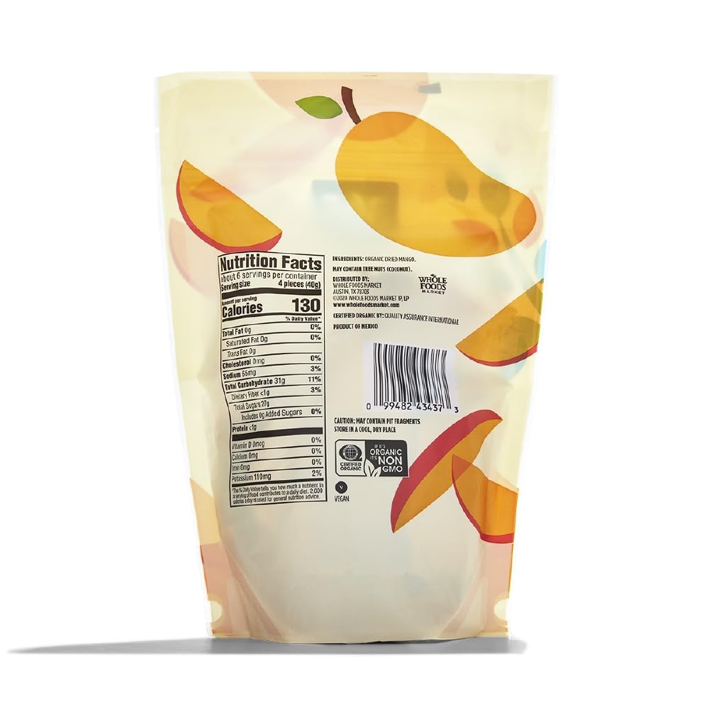 365 organic dried mango fruit snack front packaging