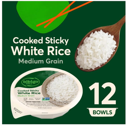 bibigo Cooked Sticky White Rice Bowls, Medium Grain, 7.4 oz, 12 ct