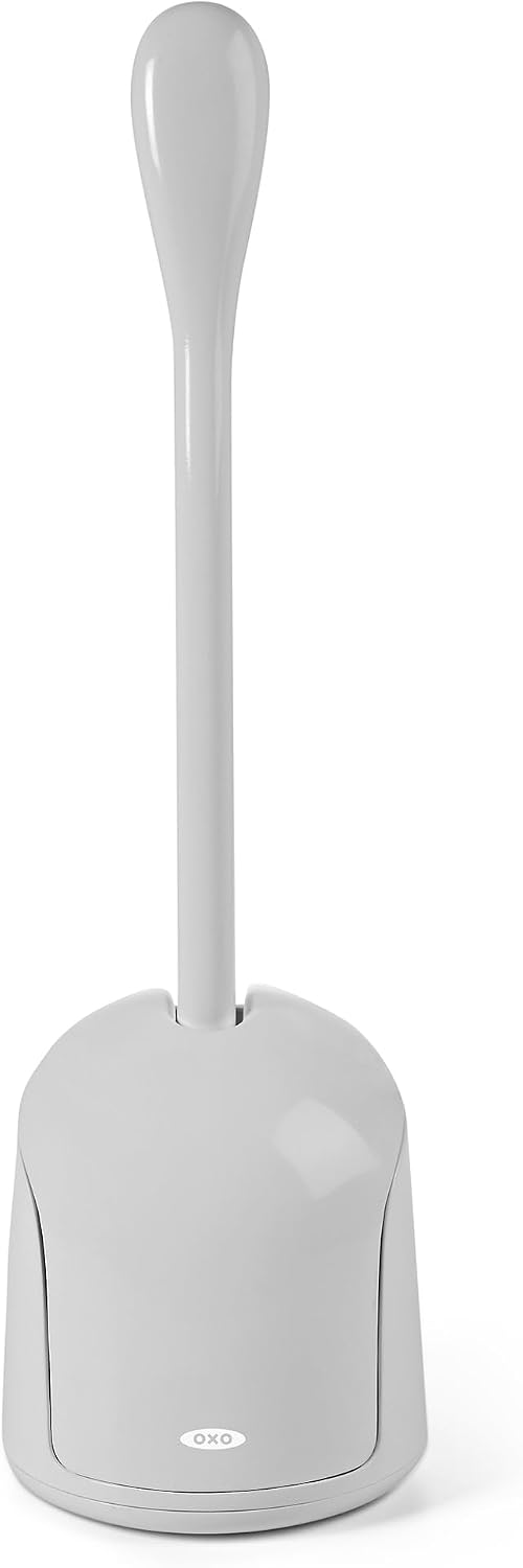 Gray OXO Good Grips toilet brush with compact canister