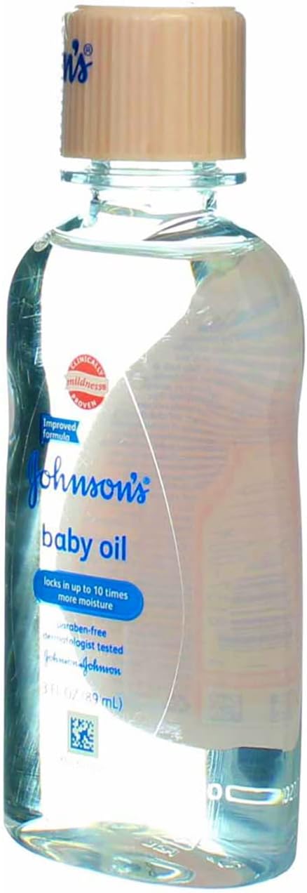 Johnson's Baby Oil, Pure Mineral Oil to Prevent Moisture Loss for Newborn, Kids, & Adults, Gentle, Soothing Baby Massage Oil, Dry Skin Relief, Hypoallergenic, Original Scent, Baby Essentials, 3 fl. oz
