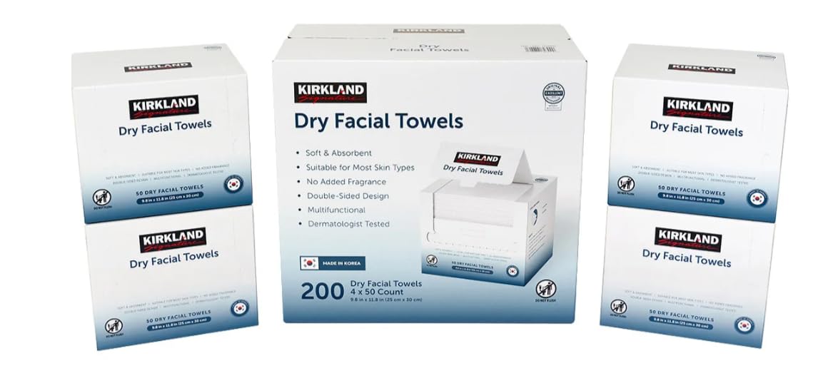 Kirkland Signature Daily Dry Facial Towels, 200-Count – Extra Soft Disposable Face Towels for Cleansing, Makeup Removal & Skincare – Gentle, Hygienic, Lint-Free