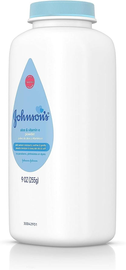 Johnson's Baby Cornstarch Baby Powder with Aloe and Vitamin E for Delicate Skin, Hypoallergenic, No Addded Parabens, and Dyes for Gentle Baby Skin Care, Baby Essentials, 1.5 oz