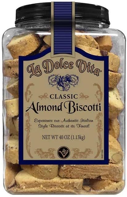 La Dolce Vita Classic Almond Italian Biscotti Cookie Snacks with Whole Almonds, 40 oz. Jar, 30 Servings (Pack of 1)