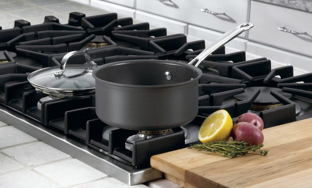 Black Cuisinart saucepan with tempered glass lid