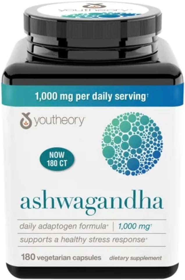 youtheory Ashwagandha 1000mg with KSM-66 - Helps Support a Healthy Stress Response,180 Capsules (Pack of 1)
