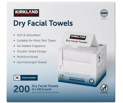 Kirkland Signature Daily Dry Facial Towels, 200-Count – Extra Soft Disposable Face Towels for Cleansing, Makeup Removal & Skincare – Gentle, Hygienic, Lint-Free