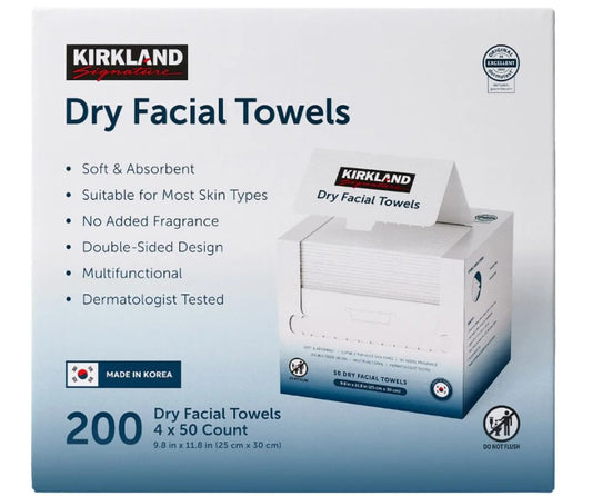 Kirkland Signature Daily Dry Facial Towels, 200-Count – Extra Soft Disposable Face Towels for Cleansing, Makeup Removal & Skincare – Gentle, Hygienic, Lint-Free