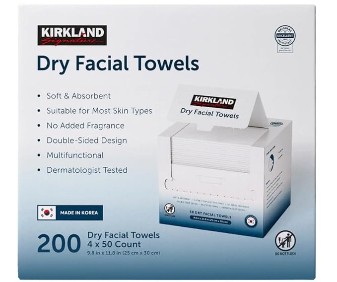 Kirkland Signature Daily Dry Facial Towels, 200-Count – Extra Soft Disposable Face Towels for Cleansing, Makeup Removal & Skincare – Gentle, Hygienic, Lint-Free