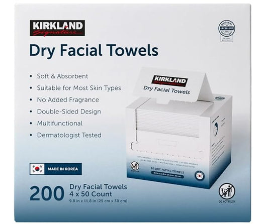 Kirkland Signature Daily Dry Facial Towels, 200-Count – Extra Soft Disposable Face Towels for Cleansing, Makeup Removal & Skincare – Gentle, Hygienic, Lint-Free