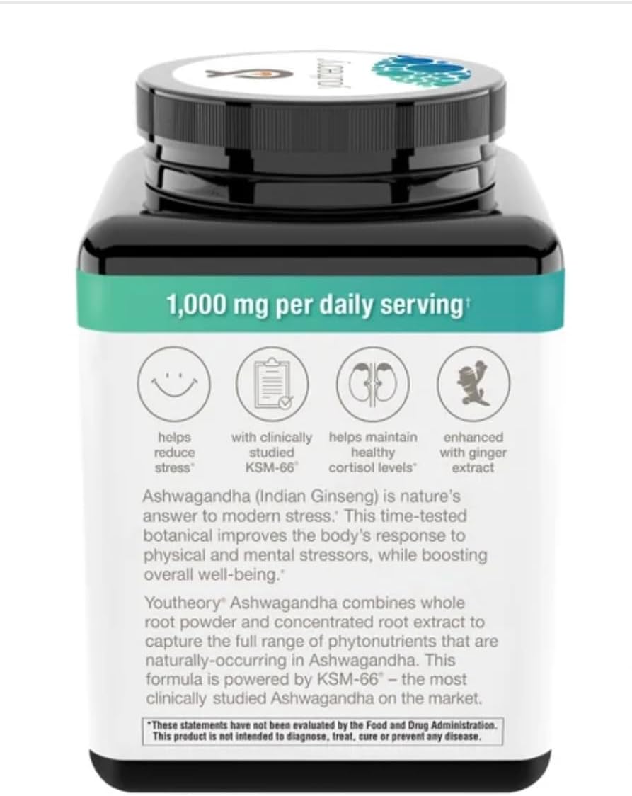 youtheory Ashwagandha 1000mg with KSM-66 - Helps Support a Healthy Stress Response,180 Capsules (Pack of 1)