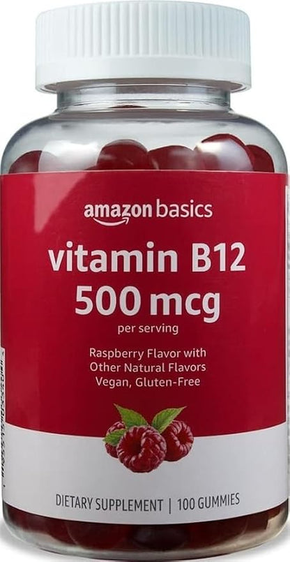 Amazon Basics Vitamin B12 raspberry gummies 100 count bottle