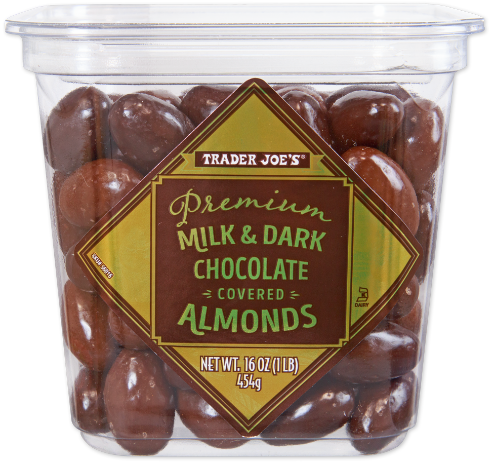 Trader Joe's premium milk and dark chocolate covered almonds
