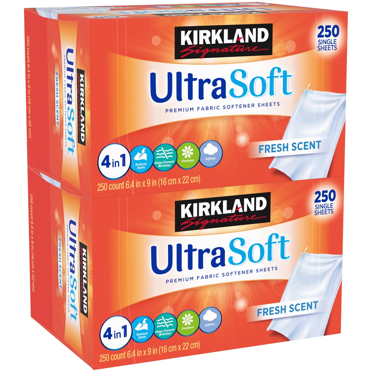 Kirkland Signature fabric softener sheets 2-pack with 250 sheets per box