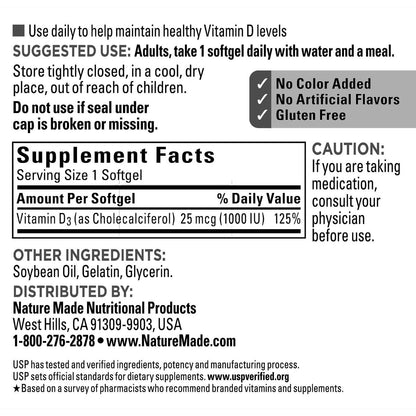 Nature Made Vitamin D3 dietary supplement packaging