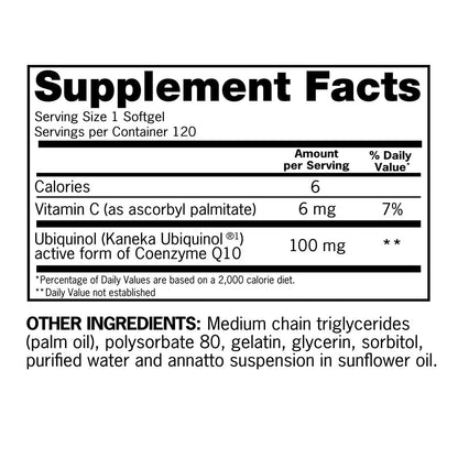 Qunol 100 mg ubiquinol dietary supplement bottle