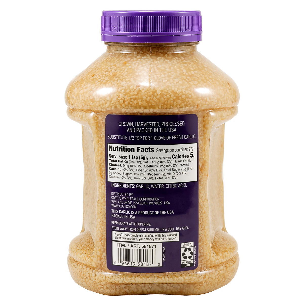 Large jar of Kirkland Signature California minced garlic