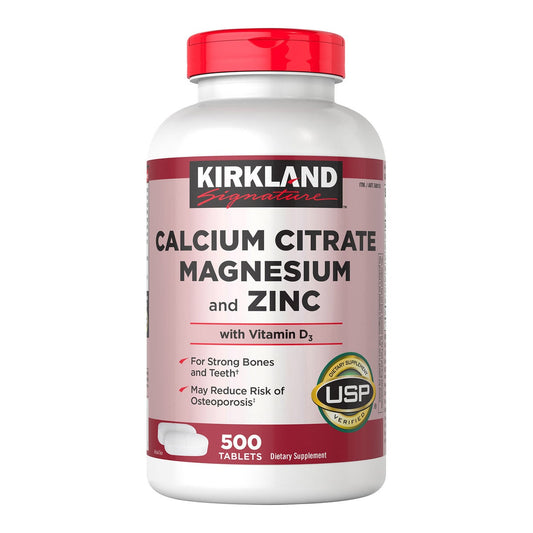 Kirkland Signature calcium citrate magnesium and zinc tablets bottle