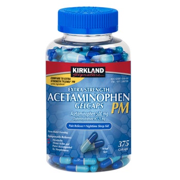 Kirkland Signature Acetaminophen PM 500 mg gelcaps bottle