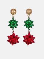 Red and green bow earrings with gold-tone detailing