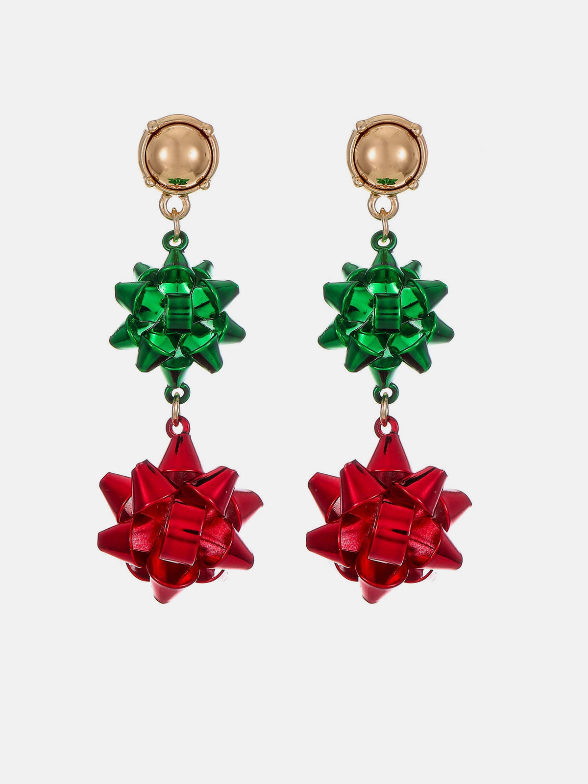 Red and green bow earrings with gold-tone detailing