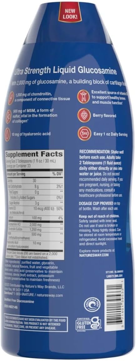 Nature's way Ultra Strength Joint Movement Glucosamine, Shellfish Free, Gluten Free, Sugar Free (Glucosamine 2000mg + Chondroitin 1200mg + MSM 500mg) 33.8 Fl Oz (Pack of 1)