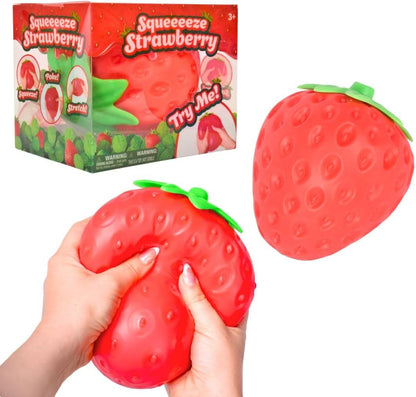 Vibrant red strawberry squeeze toy for ages 3 and up