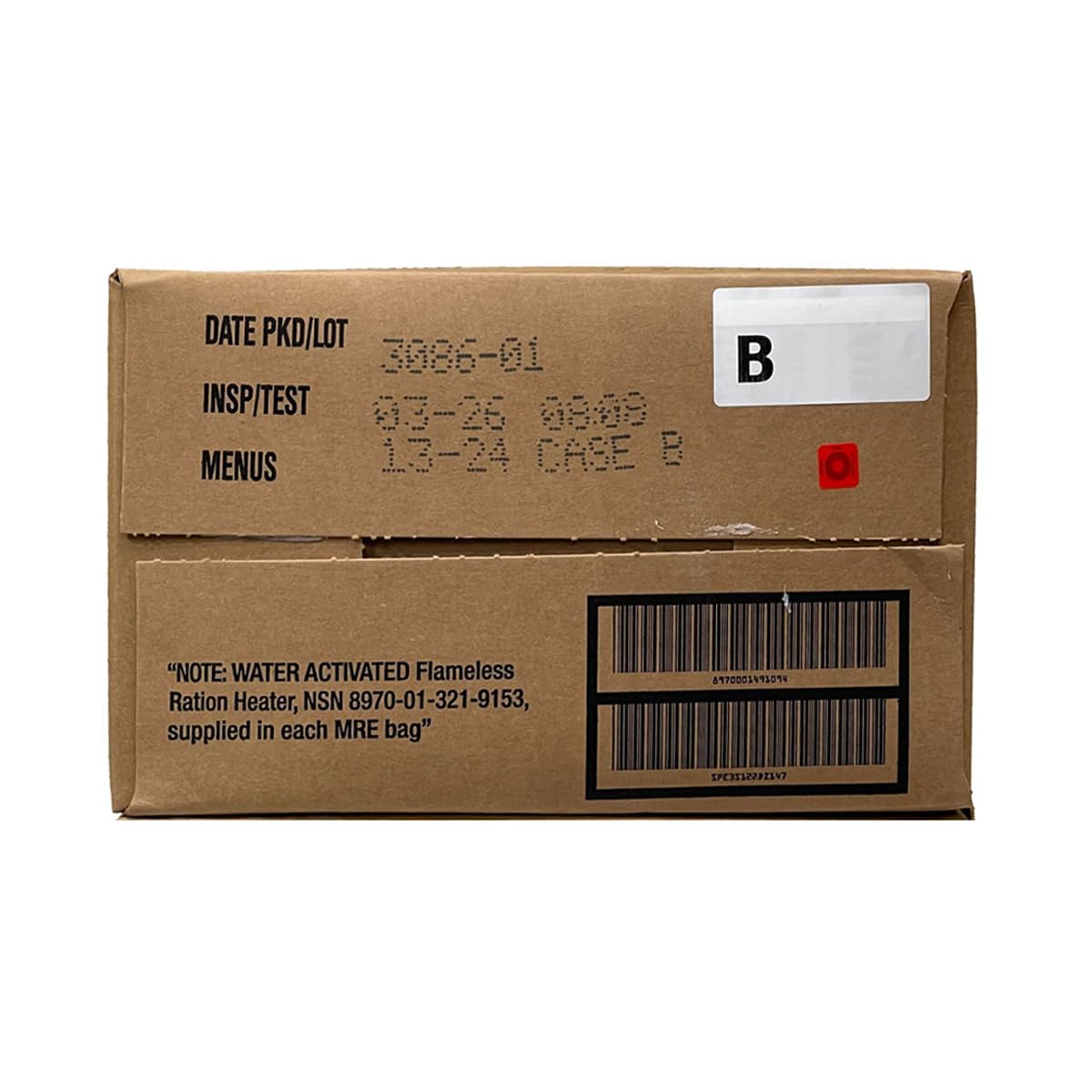 MRE A and B meal cases with 2026 inspection