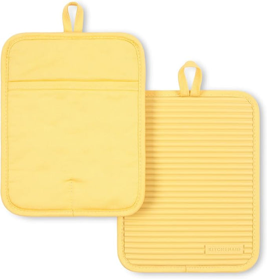 KitchenAid butter yellow ribbed silicone pot holder set