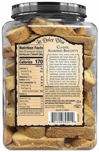 La Dolce Vita Classic Almond Italian Biscotti Cookie Snacks with Whole Almonds, 40 oz. Jar, 30 Servings (Pack of 1)