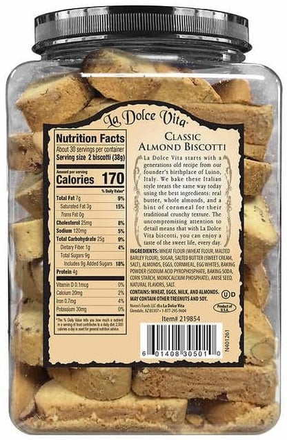 La Dolce Vita Classic Almond Italian Biscotti Cookie Snacks with Whole Almonds, 40 oz. Jar, 30 Servings (Pack of 1)