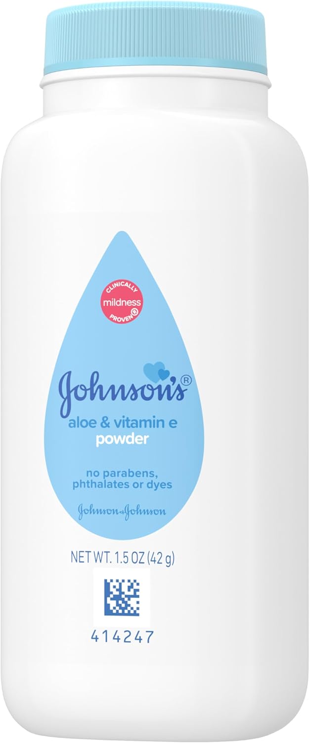 Johnson's Baby Cornstarch Baby Powder with Aloe and Vitamin E for Delicate Skin, Hypoallergenic, No Addded Parabens, and Dyes for Gentle Baby Skin Care, Baby Essentials, 1.5 oz