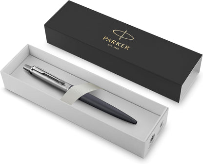 Matte blue Parker ballpoint pen with chrome accents