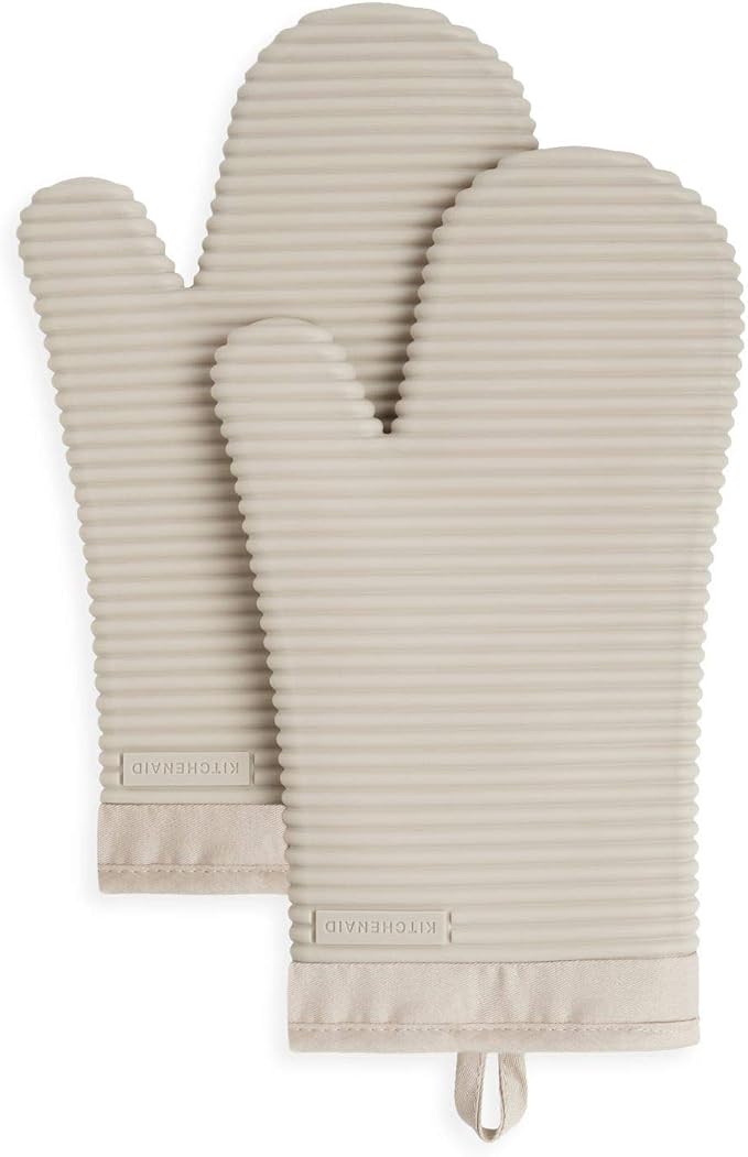 KitchenAid ribbed silicone oven mitt two-pack in Milkshake Tan