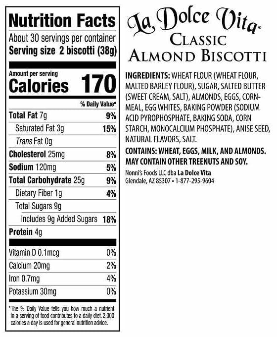 La Dolce Vita Classic Almond Italian Biscotti Cookie Snacks with Whole Almonds, 40 oz. Jar, 30 Servings (Pack of 1)