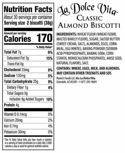 La Dolce Vita Classic Almond Italian Biscotti Cookie Snacks with Whole Almonds, 40 oz. Jar, 30 Servings (Pack of 1)