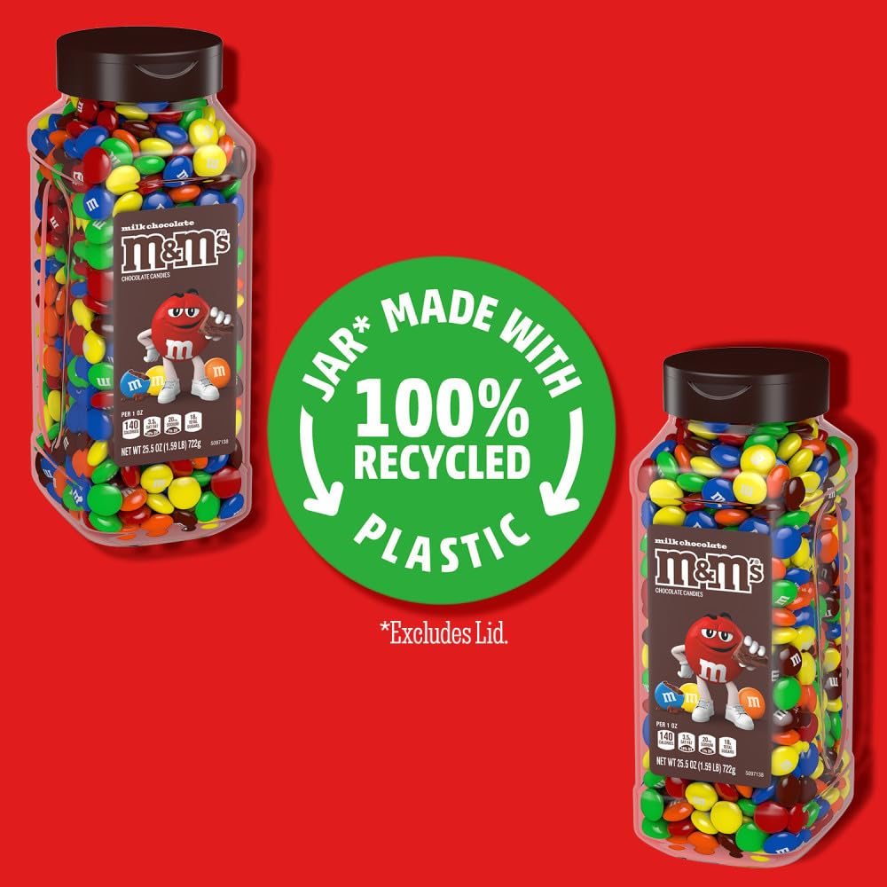 Colorful M&M'S milk chocolate candy in bulk jars