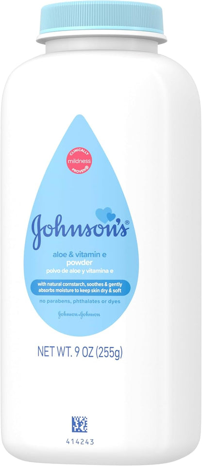 Johnson's Baby Cornstarch Baby Powder with Aloe and Vitamin E for Delicate Skin, Hypoallergenic, No Addded Parabens, and Dyes for Gentle Baby Skin Care, Baby Essentials, 1.5 oz