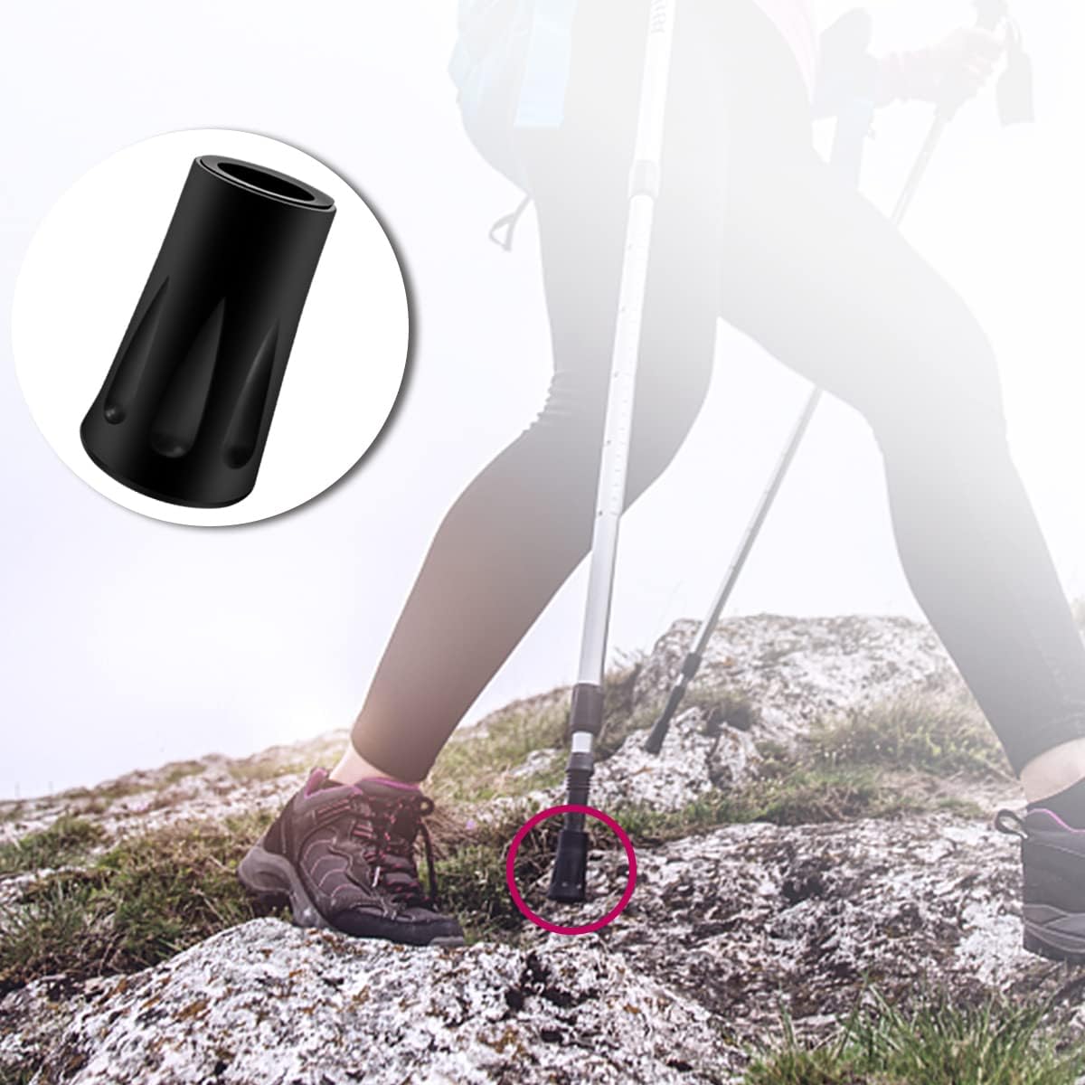 Shock-absorbing walking pole tips for hard surfaces