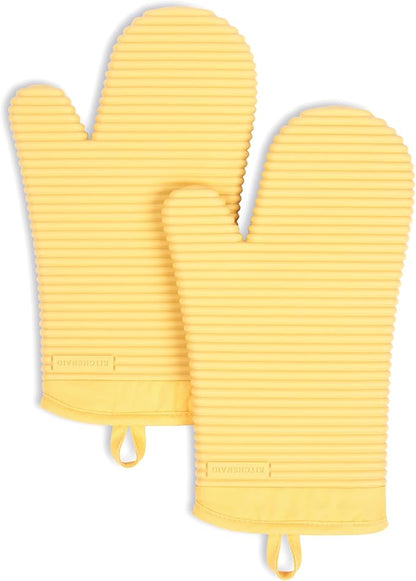 KitchenAid butter yellow ribbed silicone oven mitt set