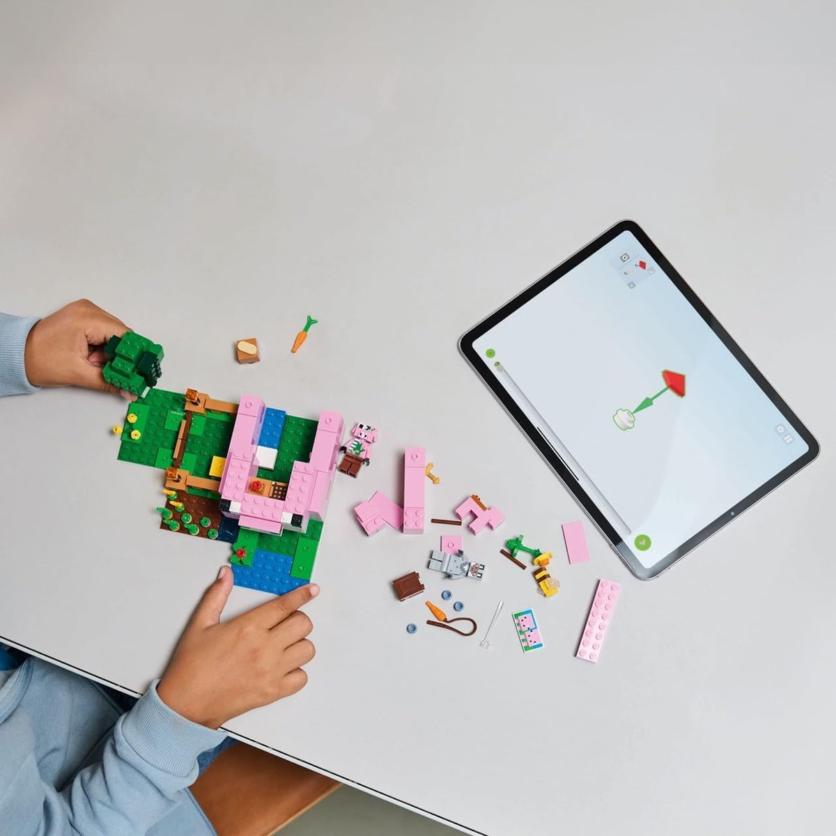 Minecraft LEGO figures with baby pig and bee