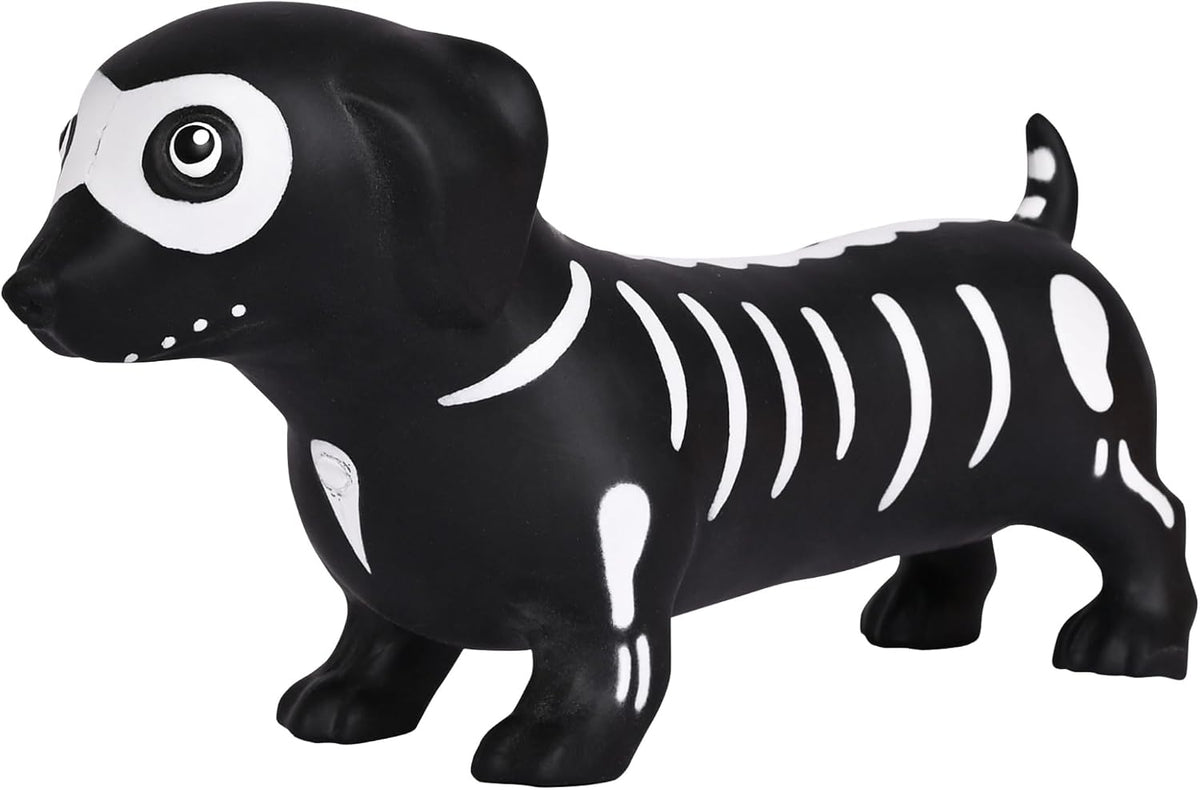 Spooky wiener dog squeeze toy with skeleton design